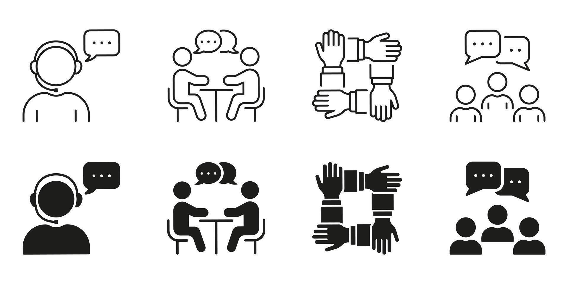 HR Team Work Line and Silhouette Icon Set. Recruitment Symbol Collection. Interview Conversation Black Pictogram. Job Meeting Sign. Isolated Illustration vector