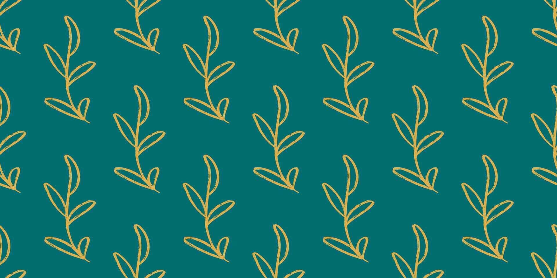 Golden foliage on emerald background seamless pattern. vector