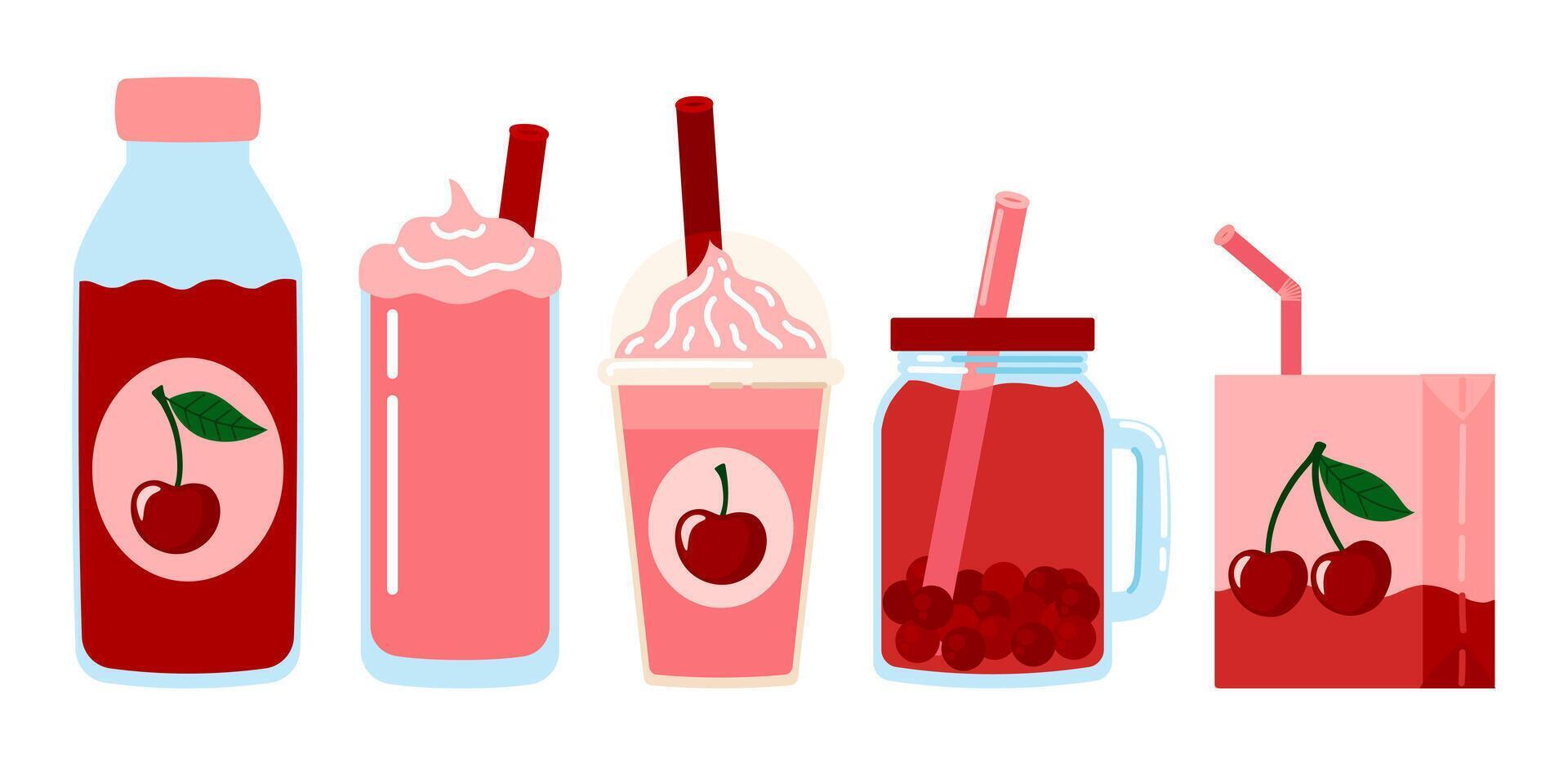 Cherry berry drink set. Summer refreshing drinks, juice, milkshake, bubble tea with the taste of Cherry. Flat illustration isolated on white background vector