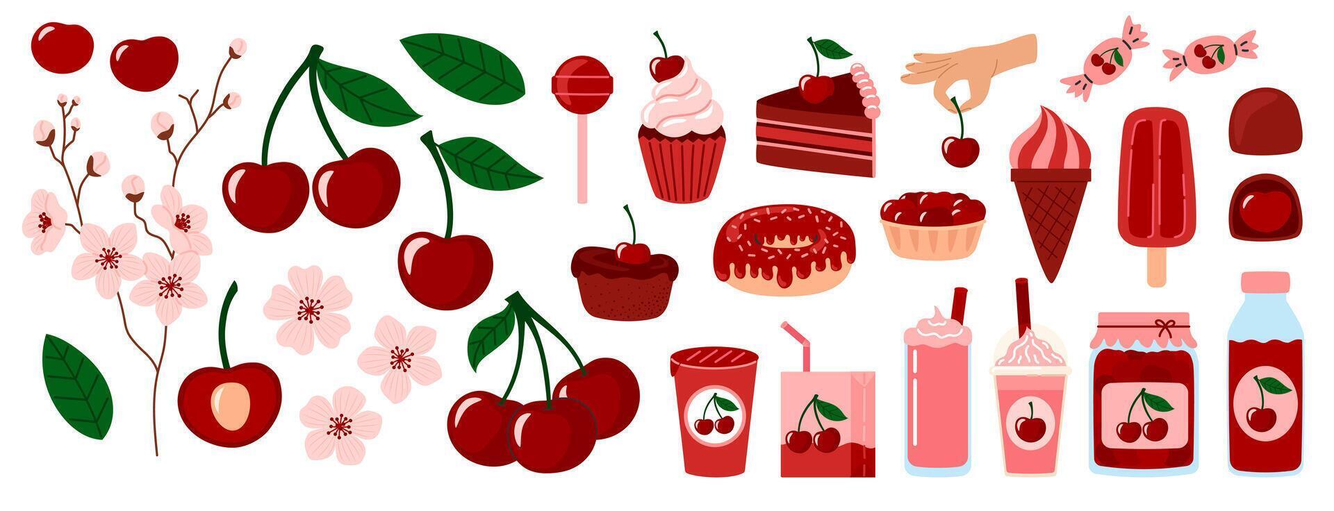 Cherry berry set. Summer refreshing drinks, sweets and desserts with taste of cherry. Cherry with leaves and flowers. Flat illustration isolated on white background vector