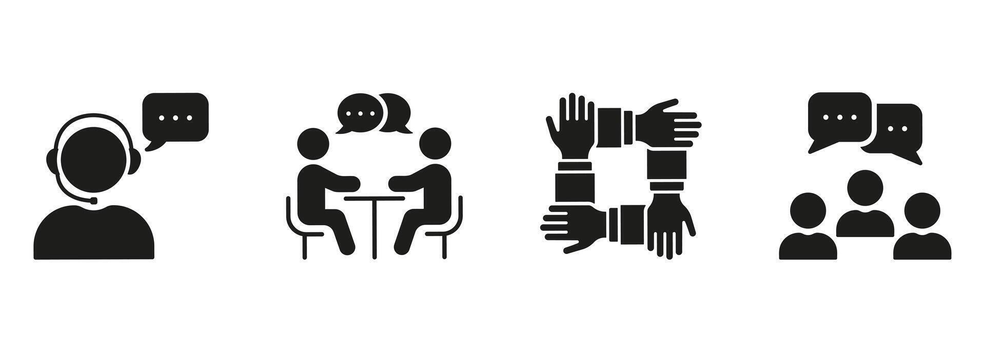 Networking Silhouette Icon Set. HR Team Meeting Symbol Collection. Job Interview Conversation Glyph Pictogram. Recruitment Sign. Isolated Illustration vector