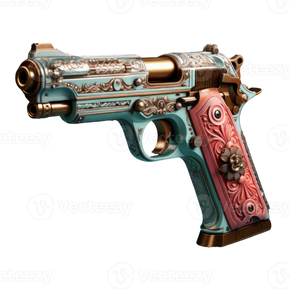 Floral design pistol handgun weapon on transparent background cutout png
