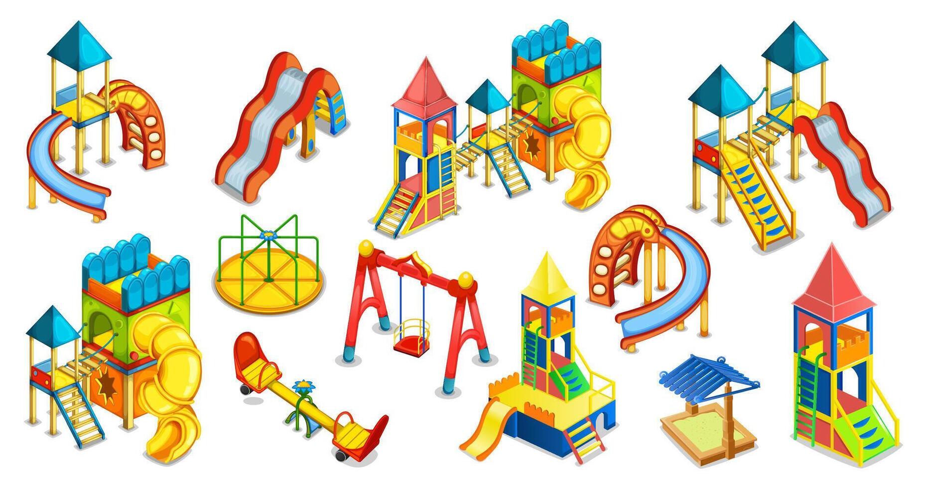 Kids playground set. Equipment for playing. Playhouse. Slides, swings and roundabout. vector