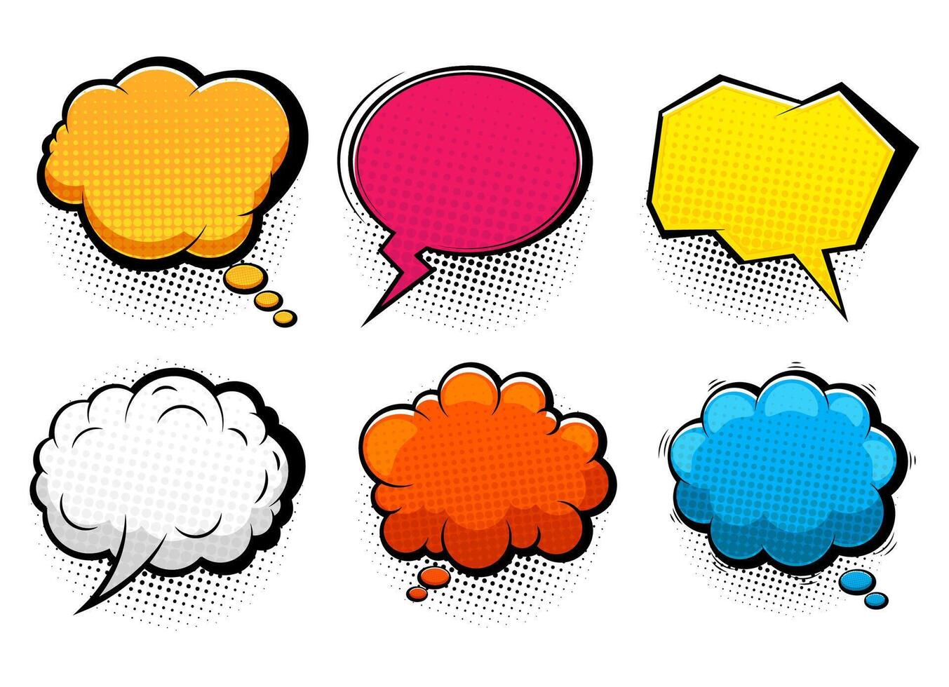 Multicoloured blank comic bubbles with black halftone shadows. In pop art style. vector