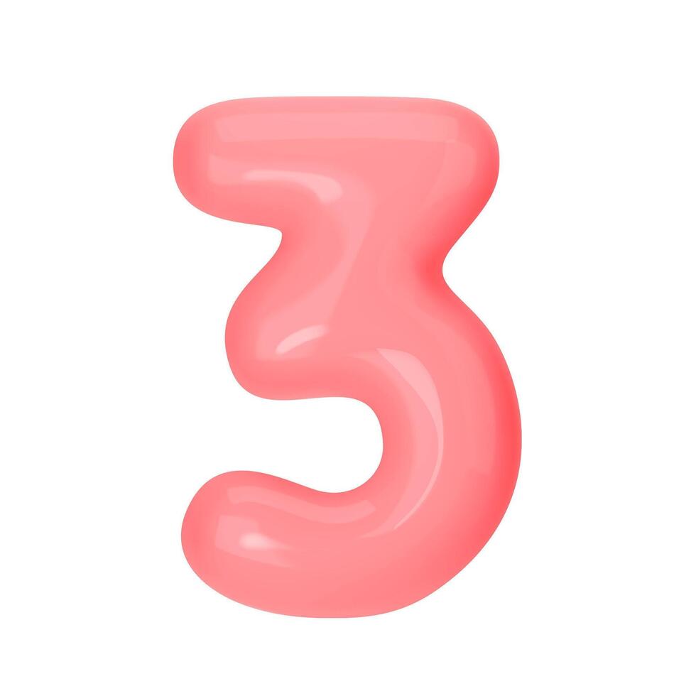 Numeral 3 - Pink Plastic Balloon Number three Isolated on White Background. 3D Style Illustration vector
