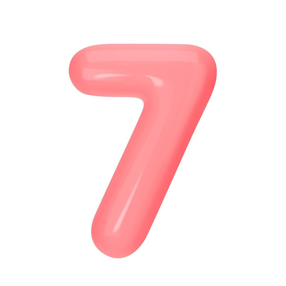 Numeral 7 - Pink Plastic Balloon Number seven Isolated on White Background. 3D Style Illustration vector