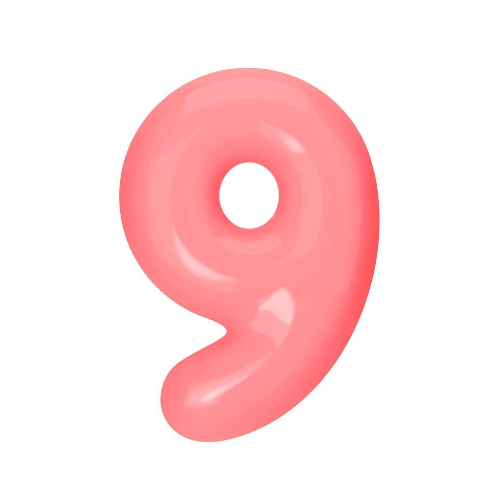 Numeral 9 - Pink Plastic Balloon Number nine Isolated on White Background. 3D Style Illustration vector