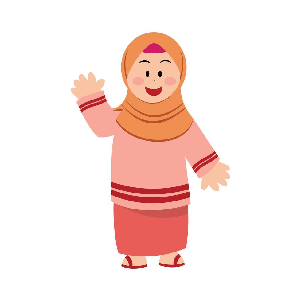 illustration design of a Cute cartoon muslim girl in traditional with a hijab and pink clothes on a white background. Illustration element design with a Muslim theme vector