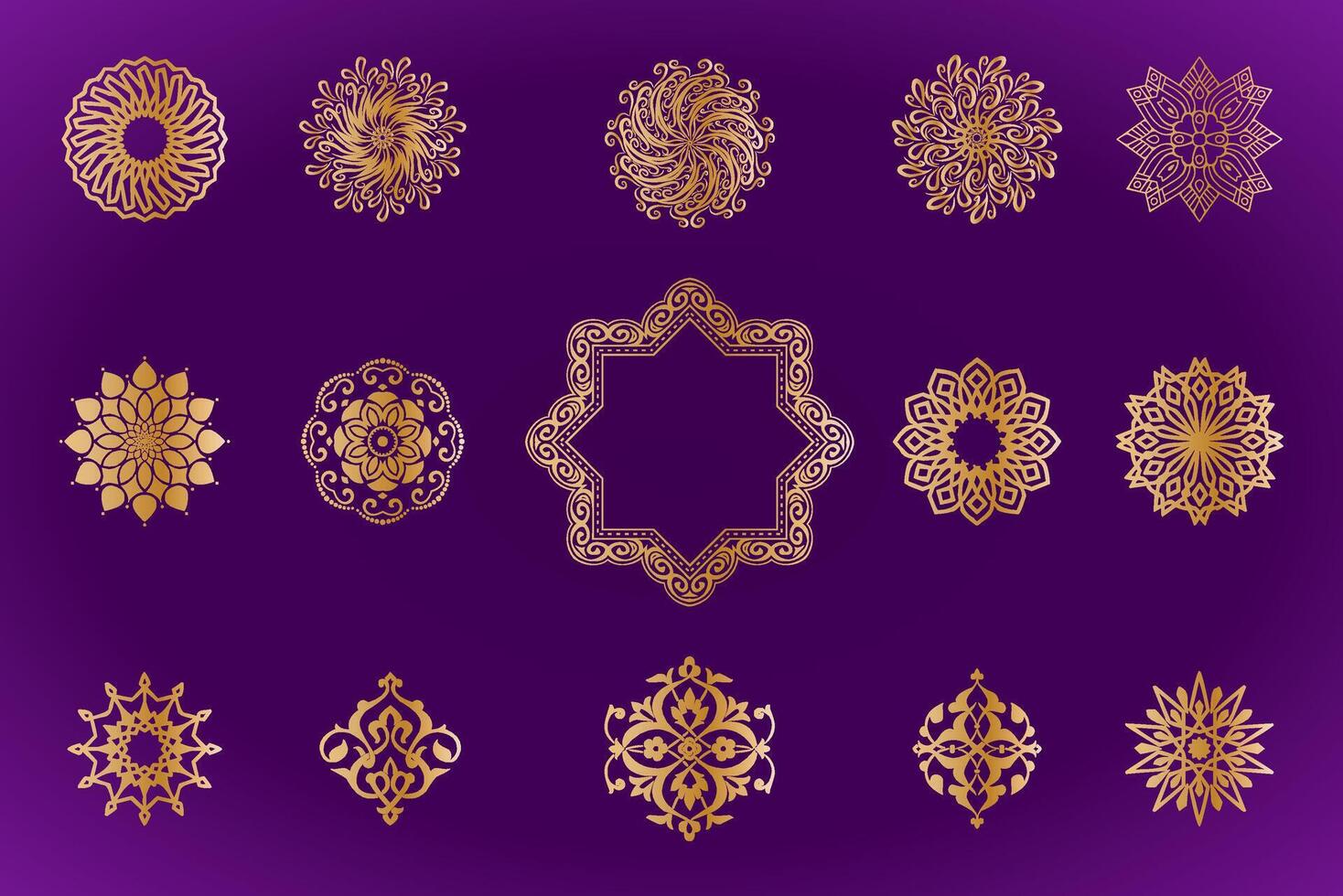 Luxury Gold Arabesque Mandala Ornaments Set On Purple Background vector