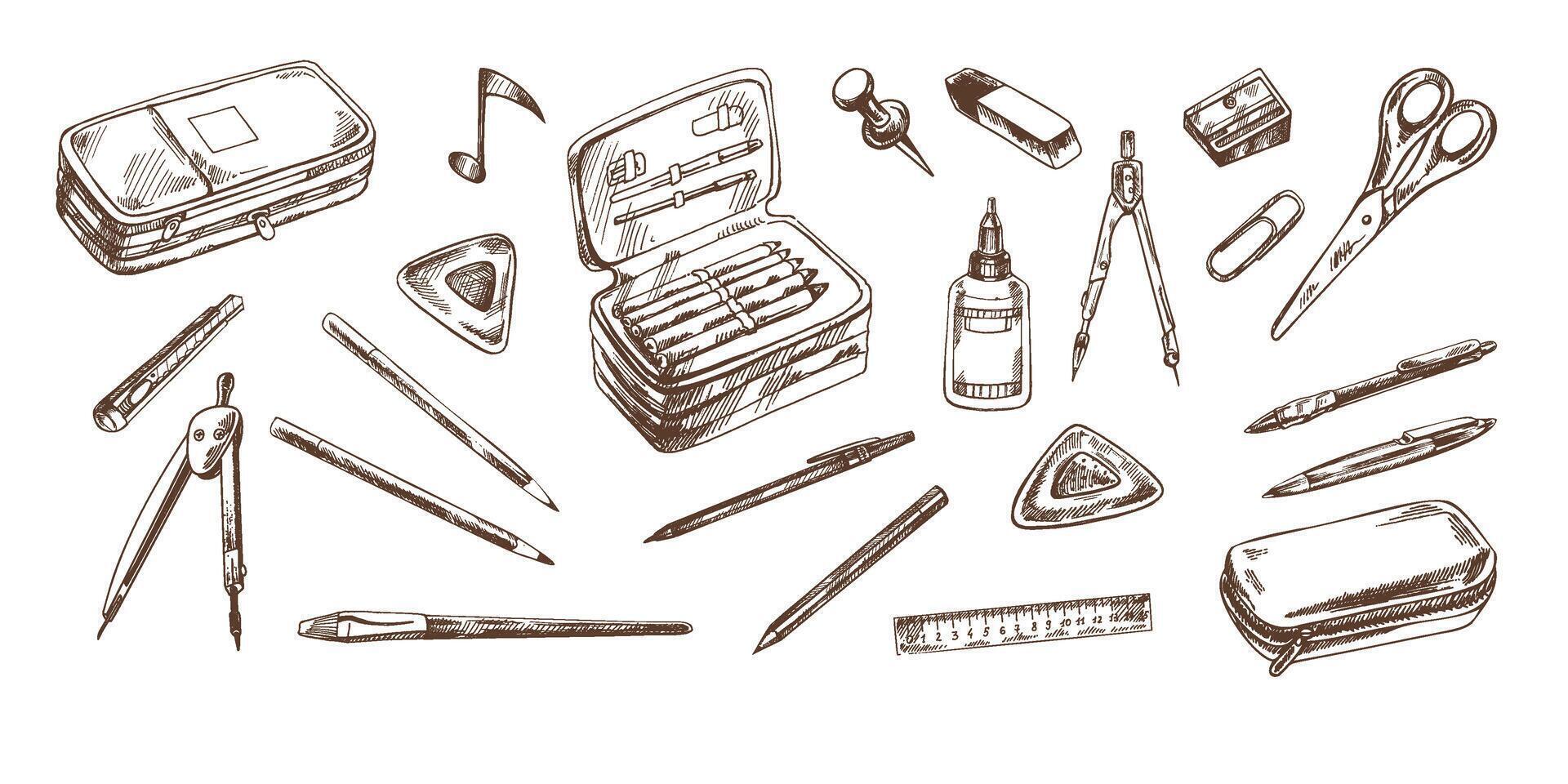 Back to School, hand drawn school supplies - big sketch set. Doodle object collection. Education Concept. Vintage sketch element. Back to School. vector