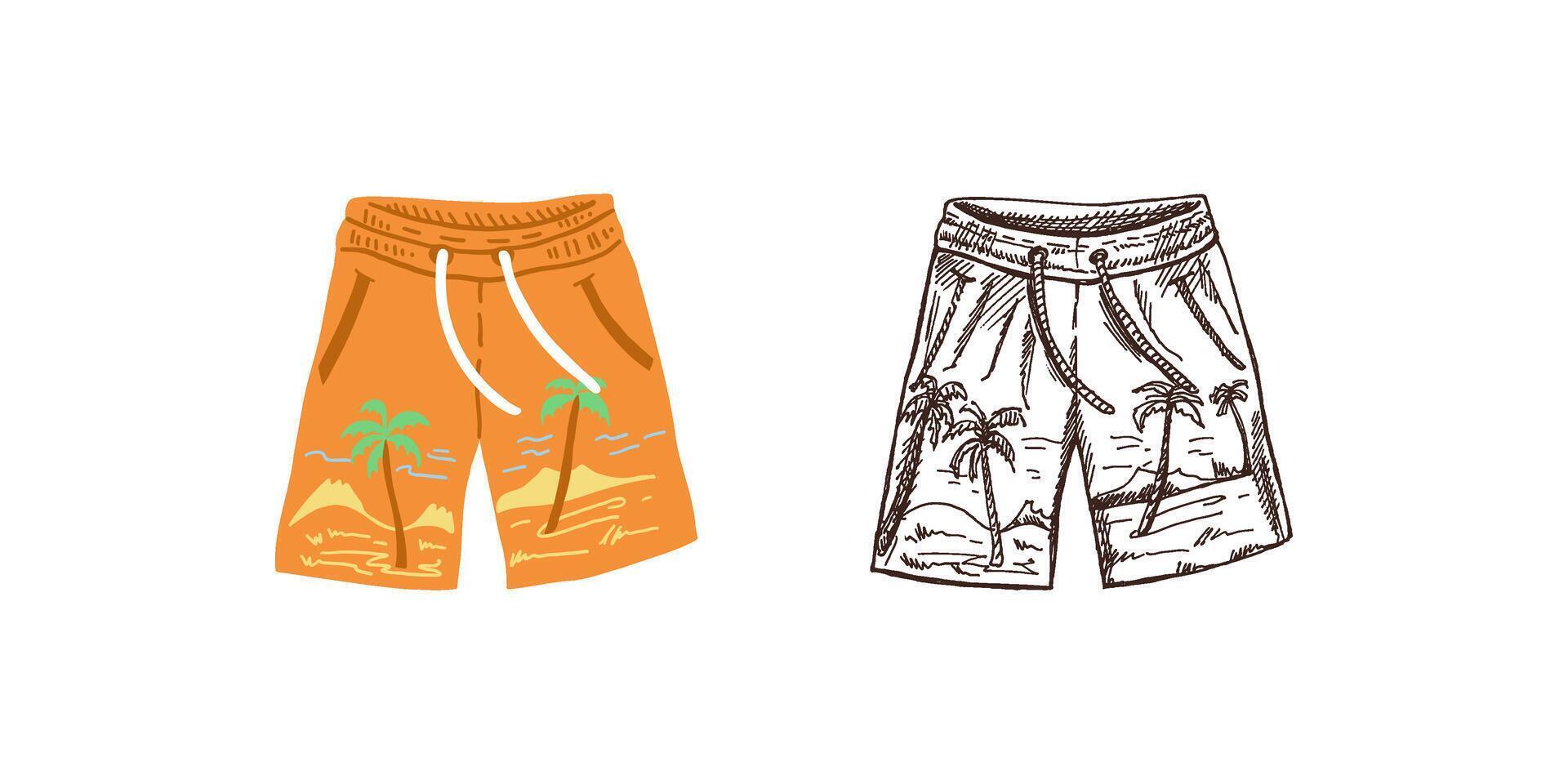 Hand-drawn colored and monochrome sketch of beach shorts. Summer accessory isolated on white background. vector