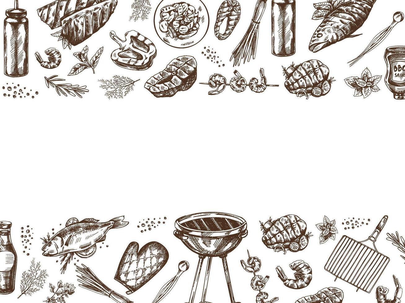 A set of hand-drawn sketches of barbecue and picnic elements, barbecue grill, tools, grilled fish, fish steaks. Template. Doodle vintage illustration. vector