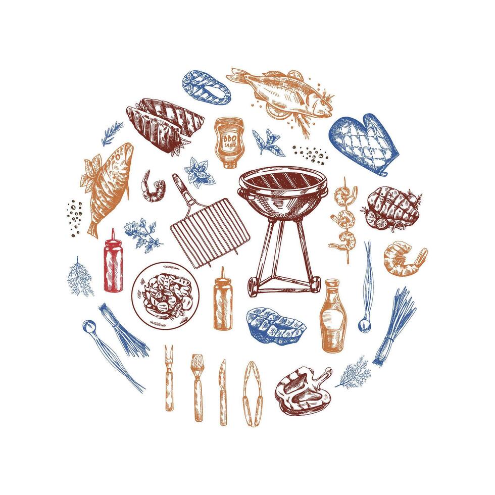 A set of hand-drawn sketches of barbecue and picnic elements, barbecue grill, tools, grilled fish, fish steaks. Template. Doodle vintage illustration. vector