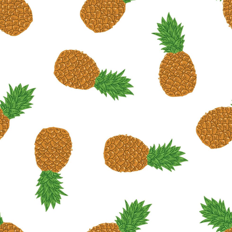 Hand-drawn pineapple colored seamless pattern. Isolated ananas illustration. Whole tropical fruit, food sketch. vector