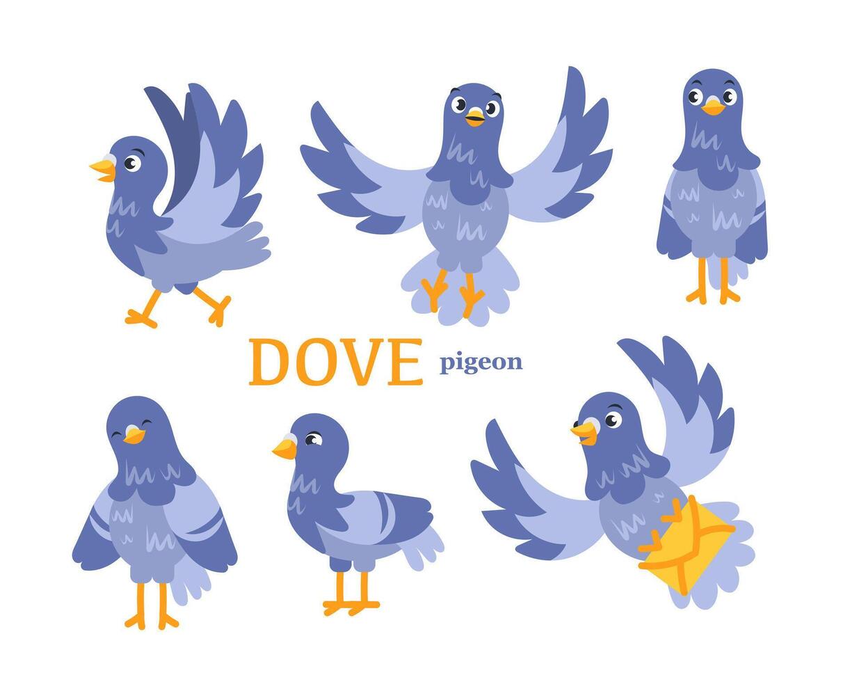 A set of images of a dove in different poses and lettering in a cute cartoon style. vector