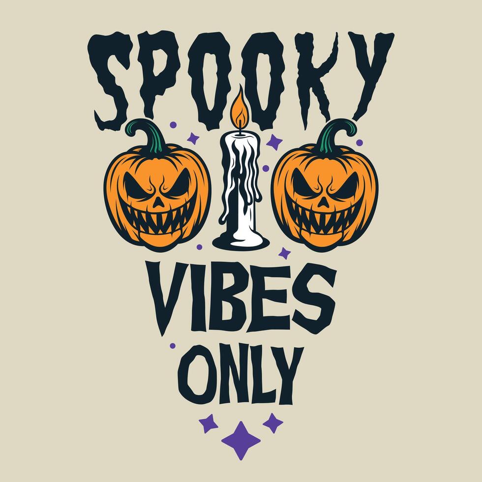 Halloween spooky vibes pumpkins and candle vintage logo vector