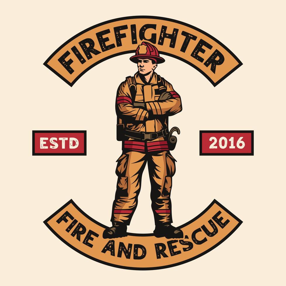 Firefighter department fireman standing wearing safety kit vintage logo vector