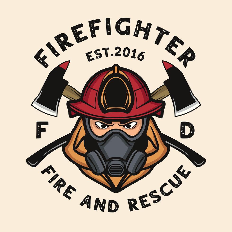 Firefighter wearing gas mask fireman axe vintage logo vector
