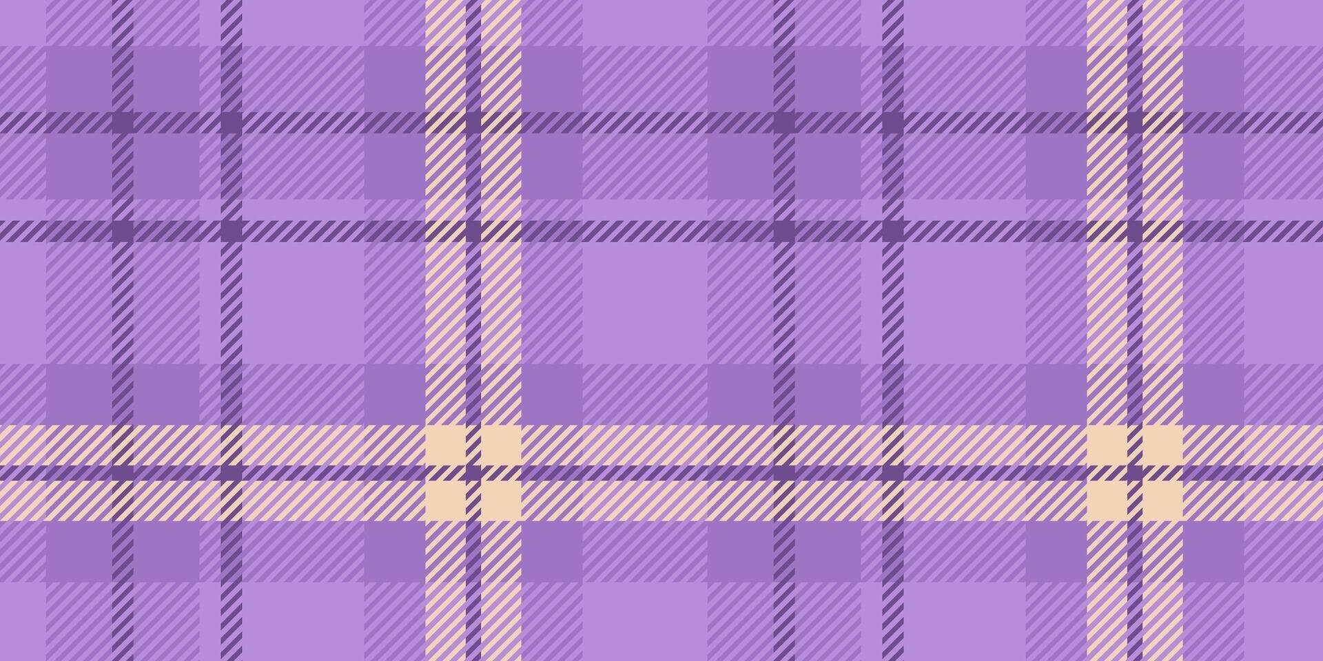 Seamless tartan design in purple and lavender with subtle yellow accents. The plaid pattern consists of crossing lines and squares, giving a traditional and stylish textile look vector