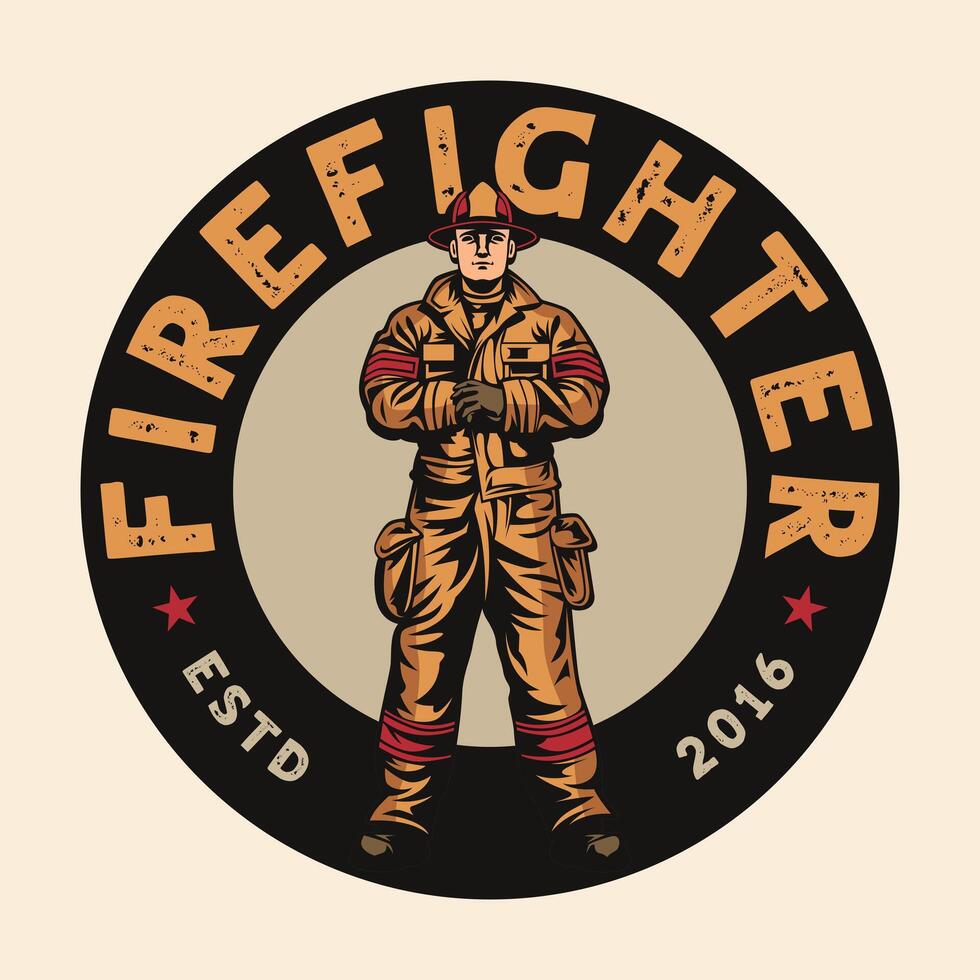 Firefighter department fireman standing wearing safety kit vintage logo vector