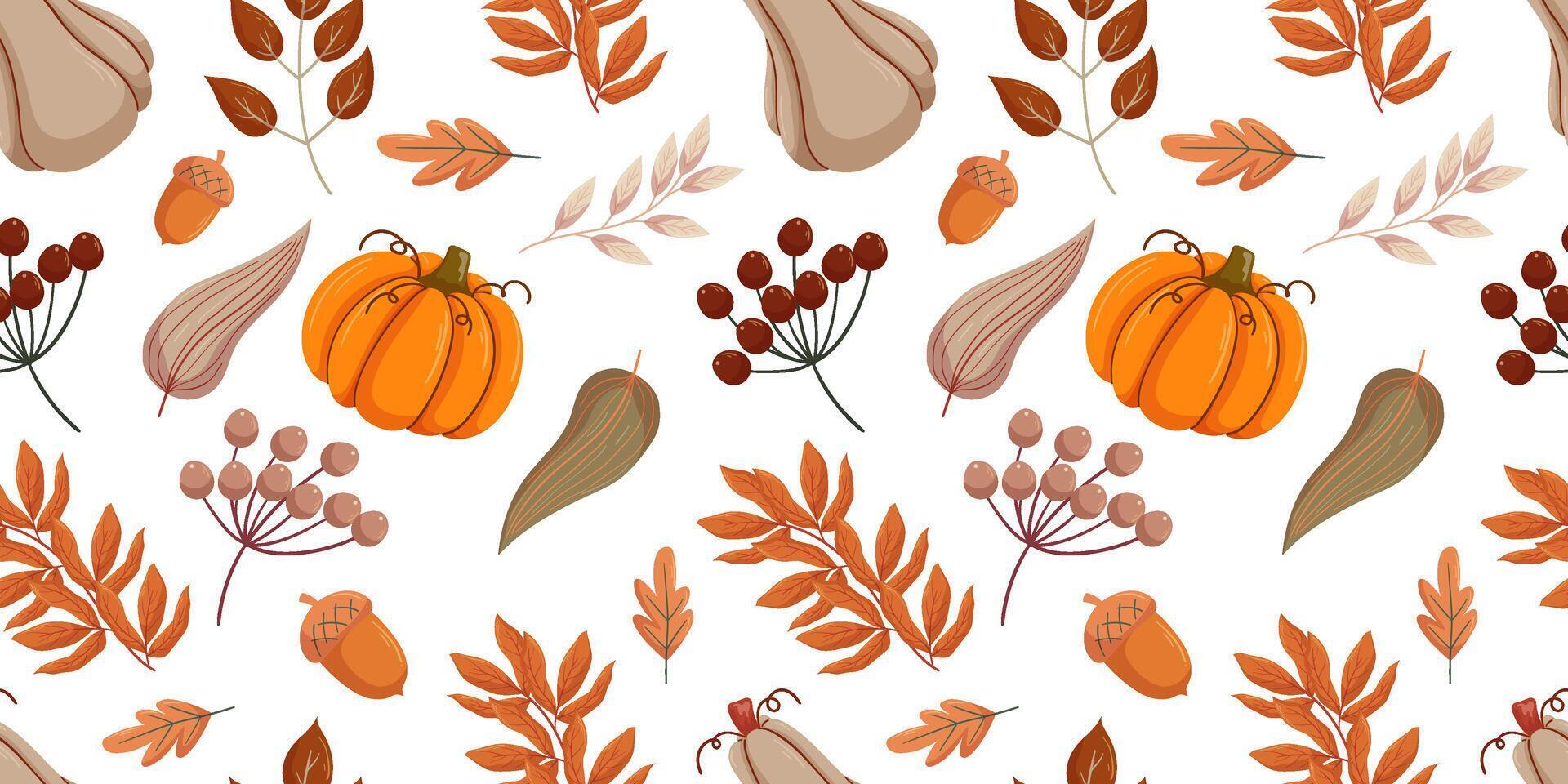 Seamless autumn pattern featuring pumpkins, acorns, various fall leaves, and berries. The rich orange, brown, and green hues of elements. Festive and cozy design ideal for seasonal decor and textiles vector