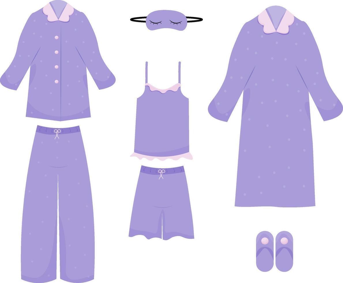A set of things for sleeping. Pajamas for girls, women. sleep mask, slippers, nightgown. illustration isolated on a white background. vector