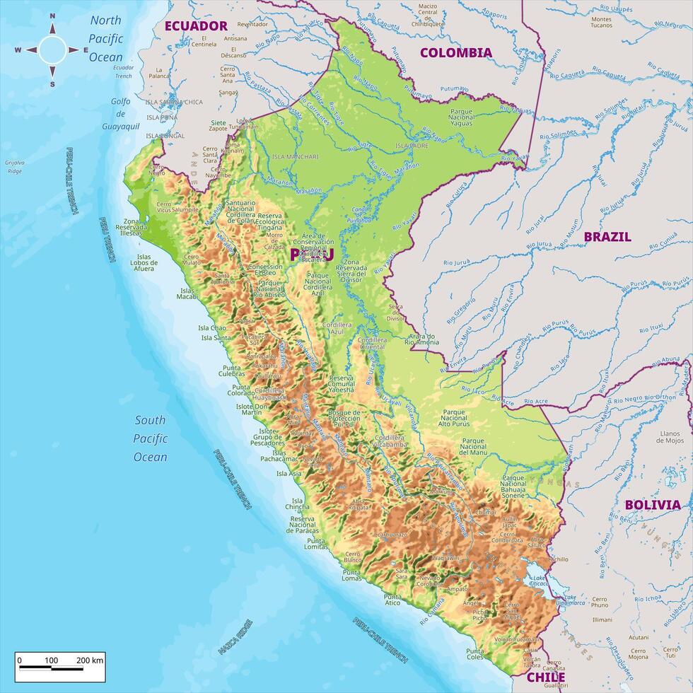 Physical map of Peru vector