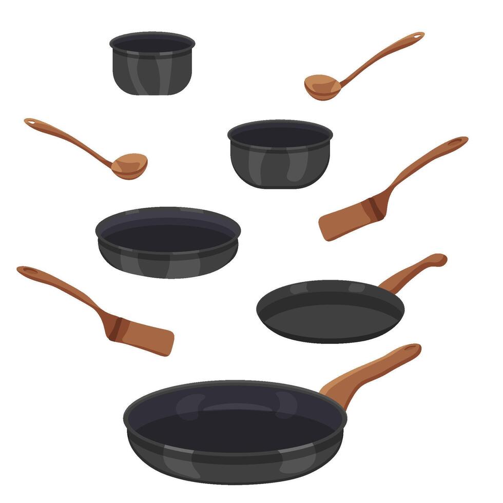 illustration of a set of frying pans and pots on a white background. vector