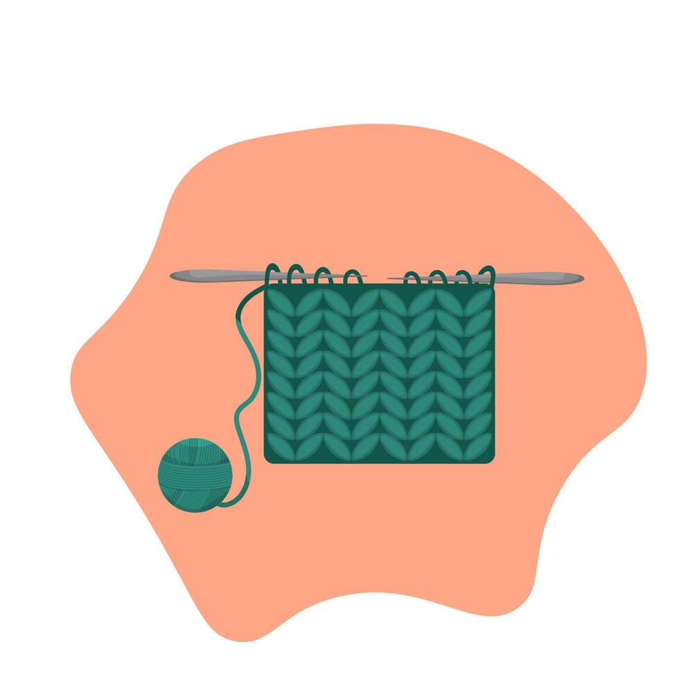 The process of knitting a green product . Hobbies, handwork, needlework, thread. illustration. vector