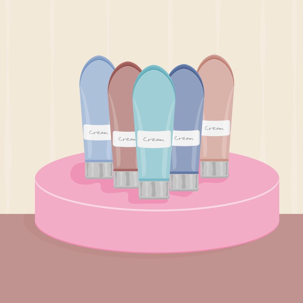 Design of tubes for hand cream. A set of tubes with cream for hands, face, body, skin. Creams on the table. illustration. vector