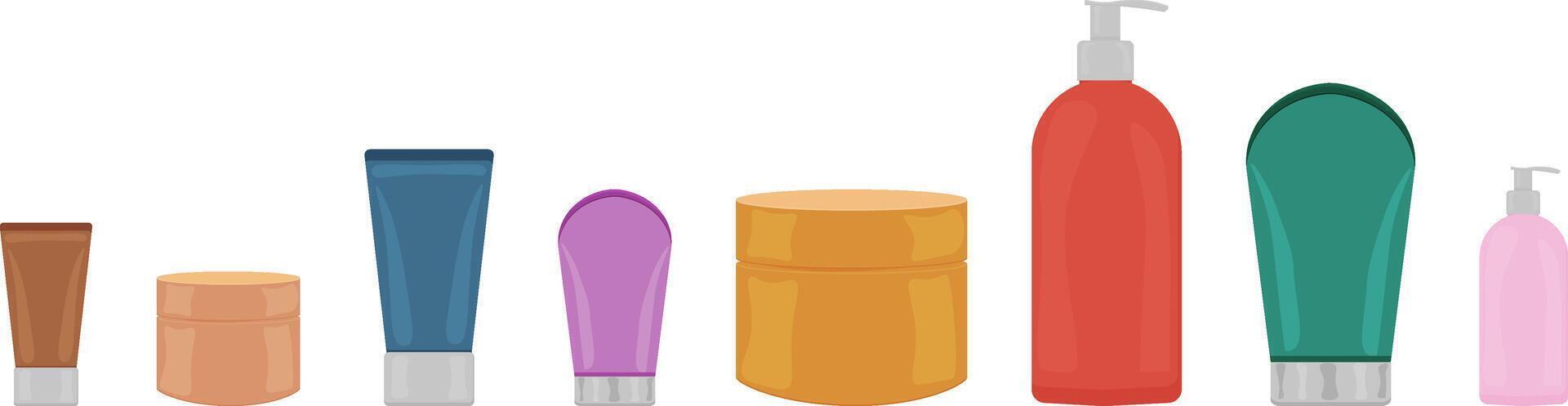Set with different tubes and jars for creams. A set of creams for the skin, face, hands, body. illustration. vector