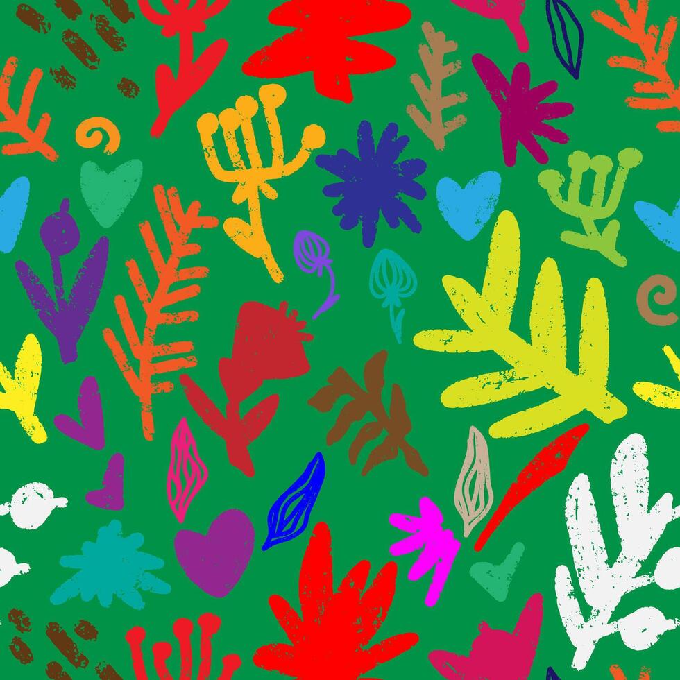 a colorful pattern of leaves and flowers on a green background vector