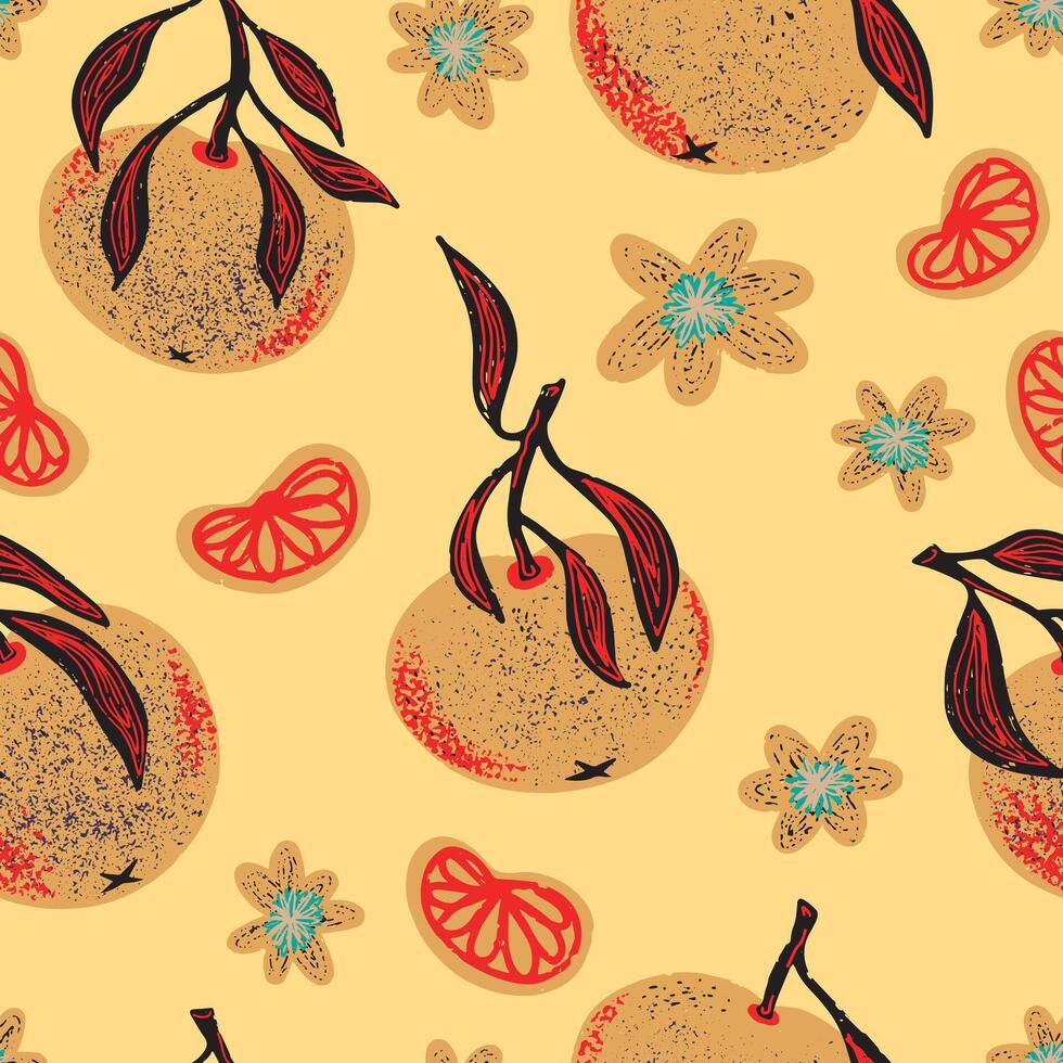 a pattern with oranges and leaves on it vector