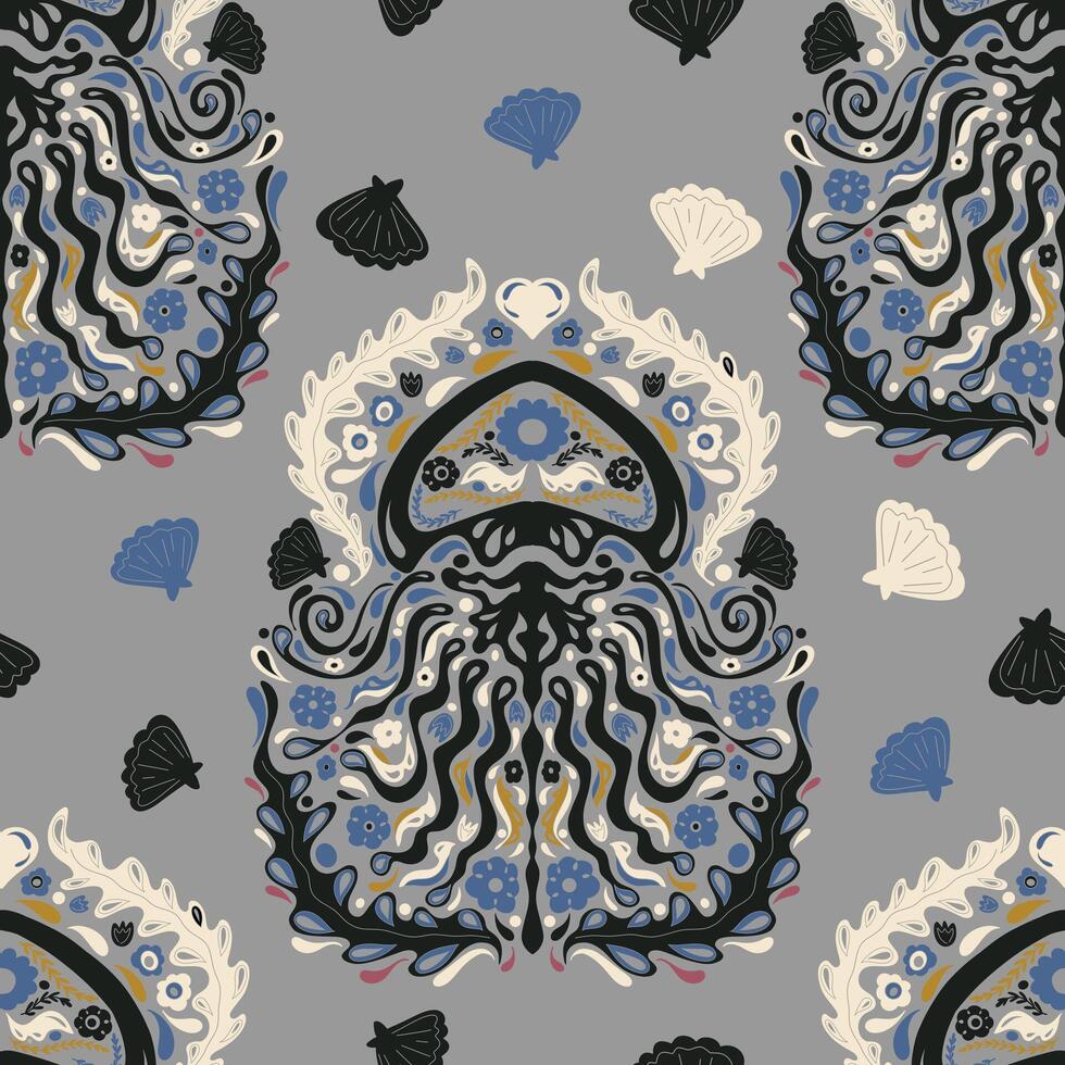 a pattern with an octopus and shells on a gray background vector