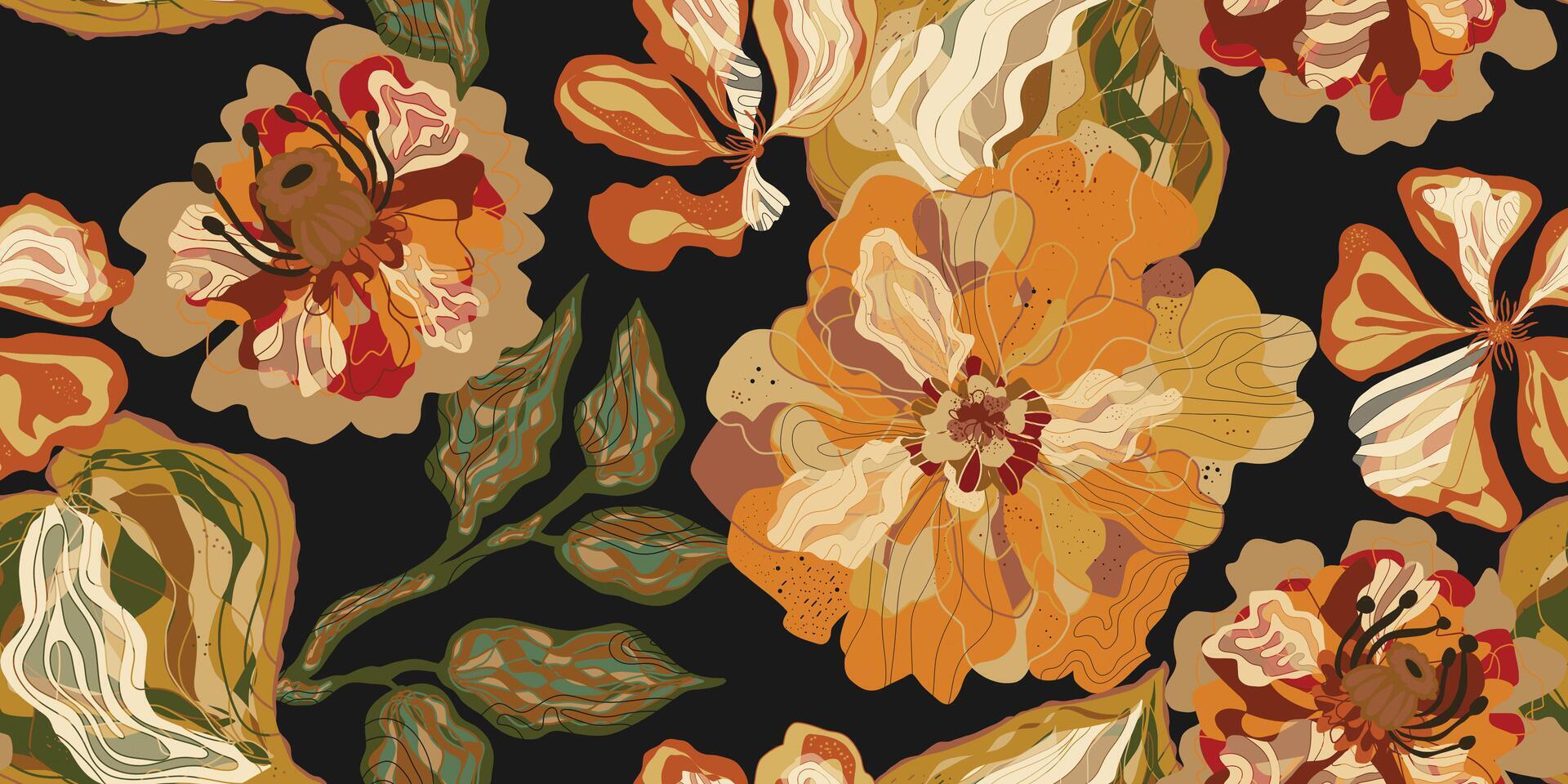 a floral pattern with orange, brown and green flowers vector