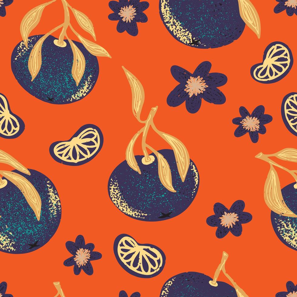 a pattern with oranges and leaves on an orange background vector