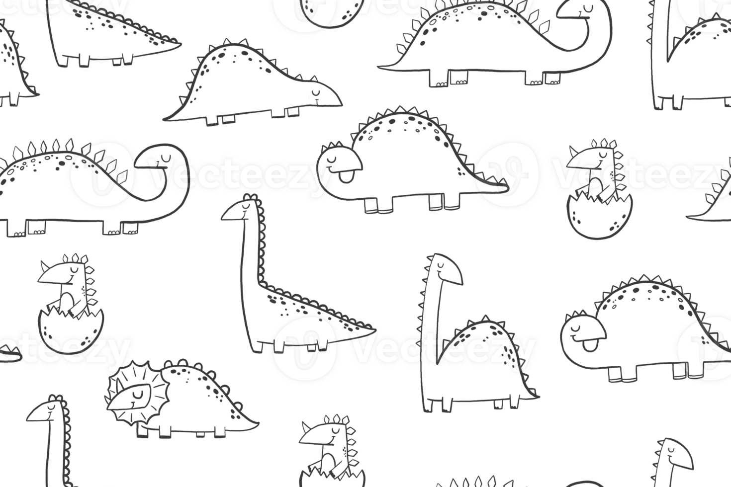 Hand drawn doodle seamless background with doodle dino. Cartoon funny dinosaurs rex. Endless background. Newborn design for textile and nursery png