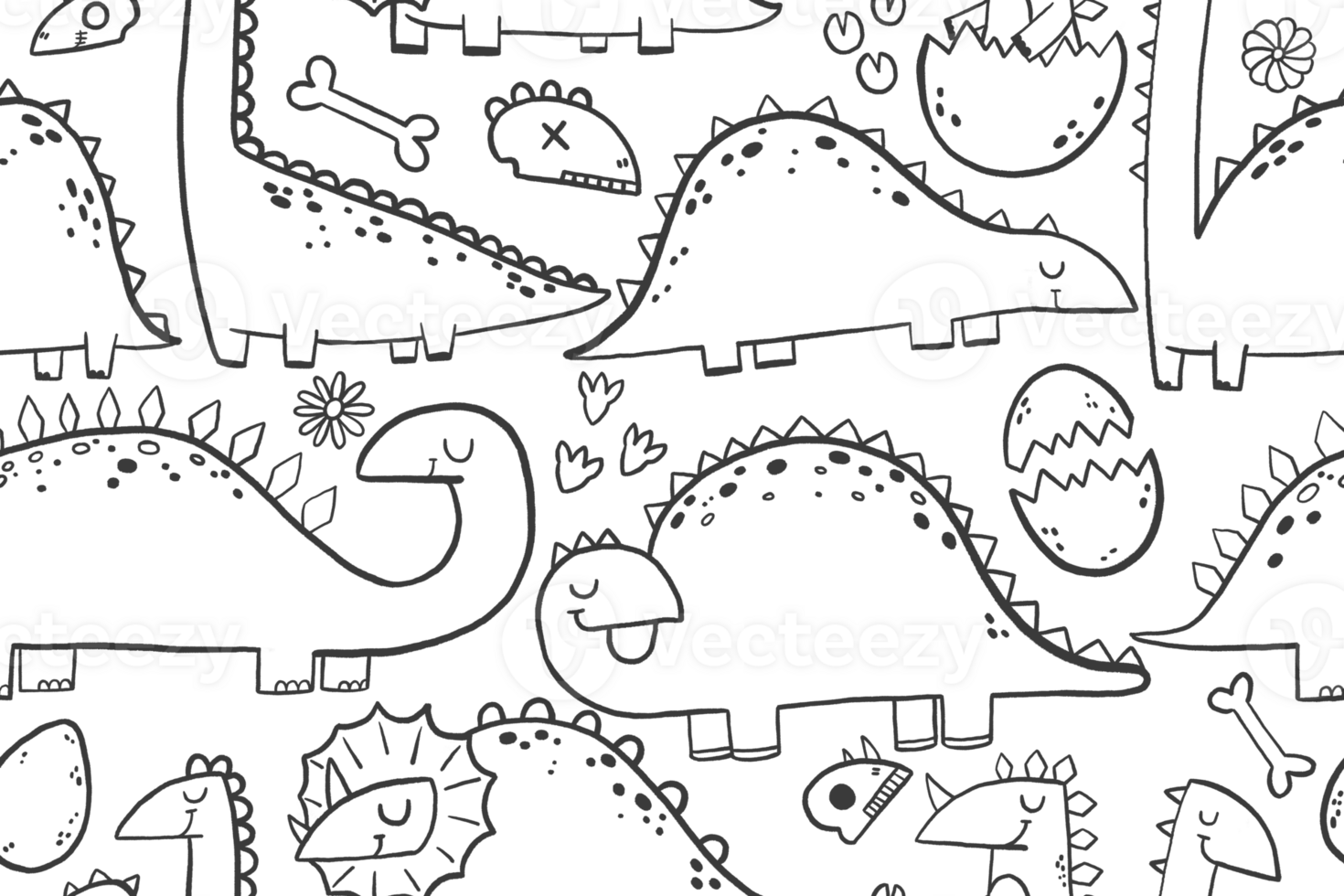 Hand drawn doodle seamless background with doodle dino. Cartoon funny black and white dinosaurs rex. Endless background. Newborn design for textile and nursery png