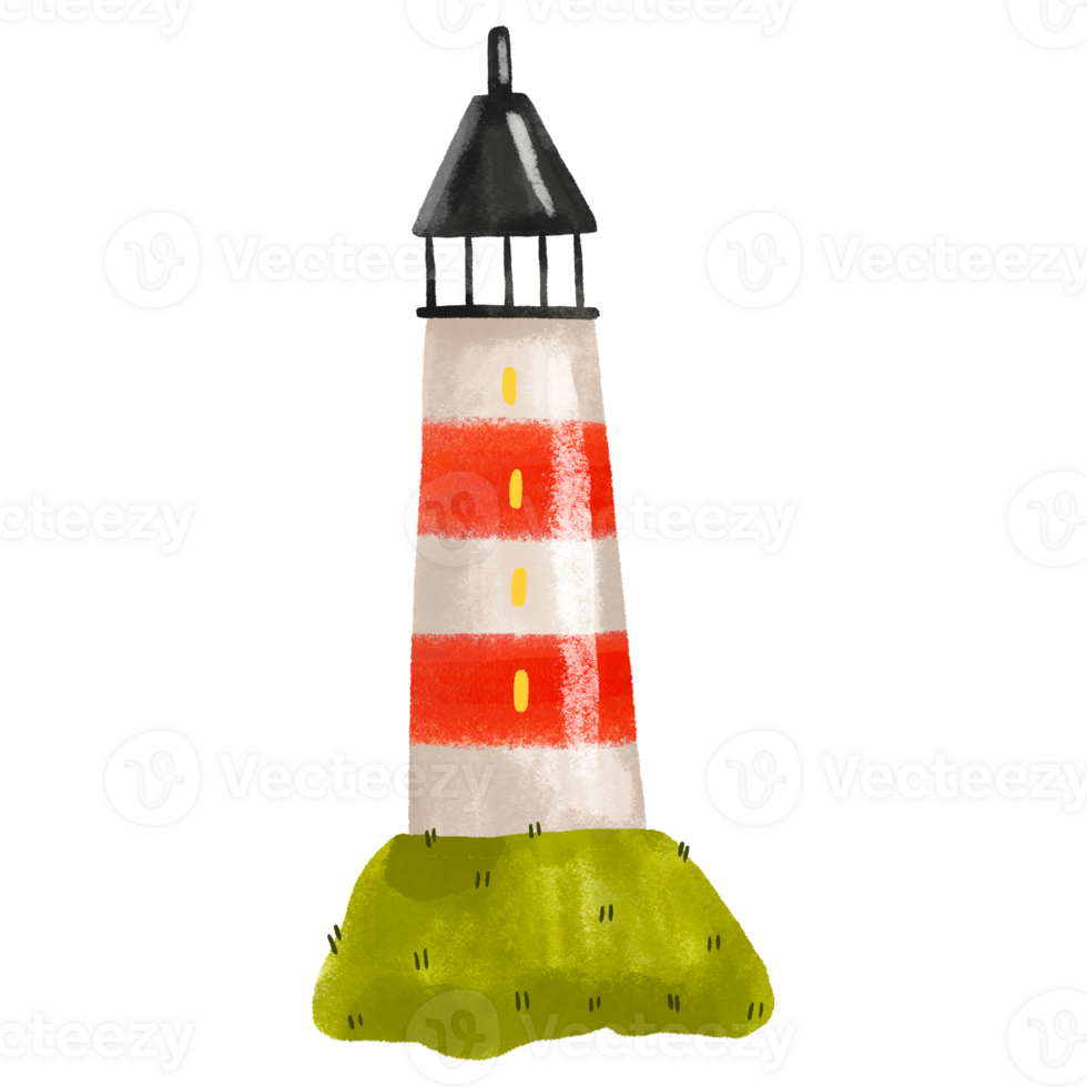 hand drawn cartoon lighthouse. Searchlight in the ocean. Direction png