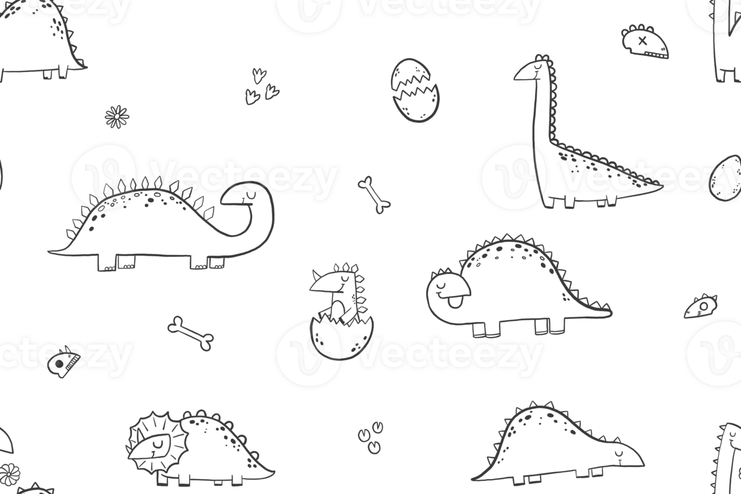 Hand drawn doodle seamless background with doodle dino. Cartoon funny simple black and white dinosaurs rex. Endless background. Newborn design for textile and nursery png