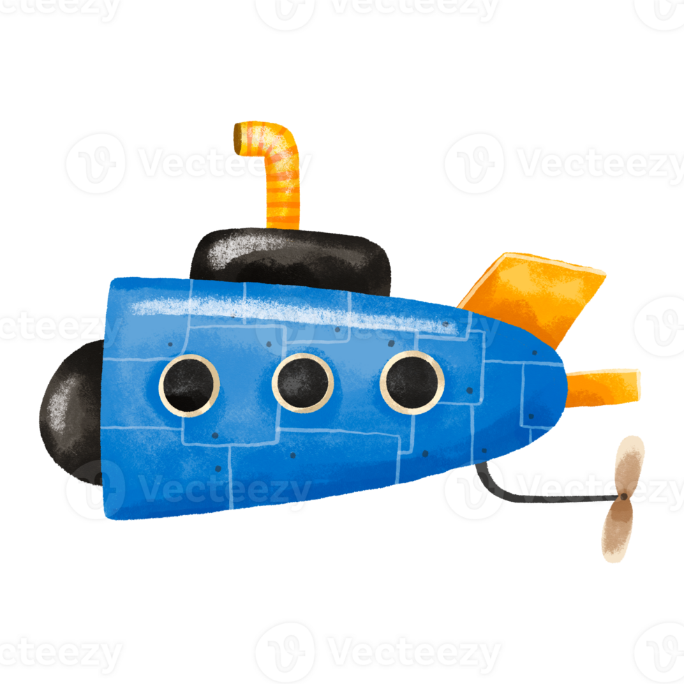 Blue submarine. Hand drawn cartoon sea transport. Kids illustration on isolated design png