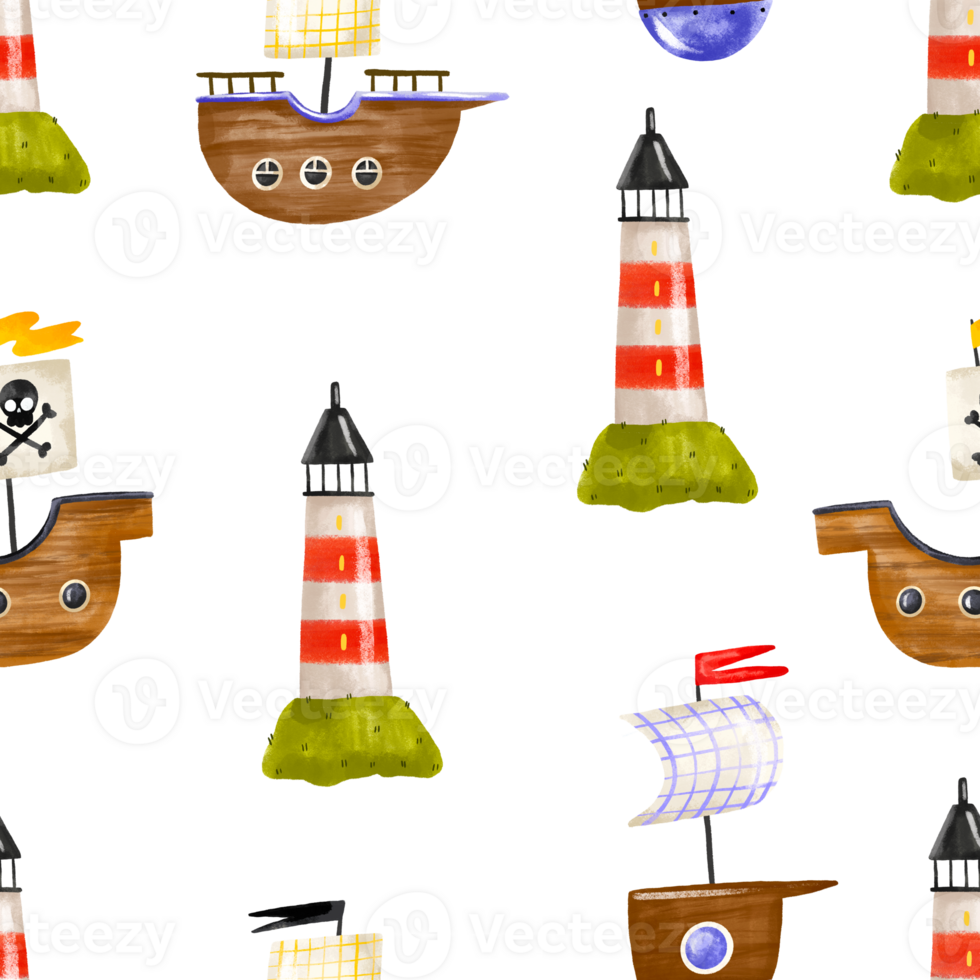 Semless pattern with old nautical transport and lighthouse. Wooden ships and yachts. Hand drawn childish background png