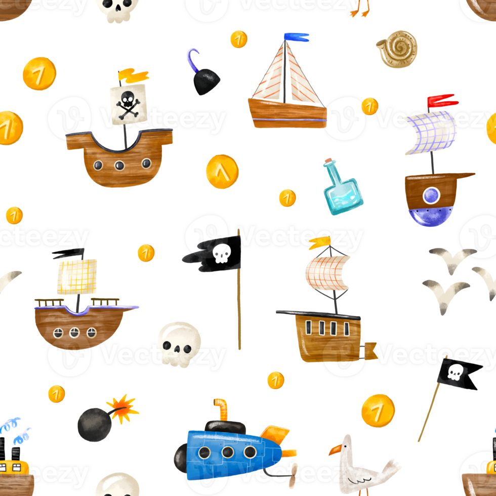 Semless pattern with old wooden pirate ships, submarine and yacht. Nautical sea transport and flags, seagull and golden coins. Hand drawn childish background png