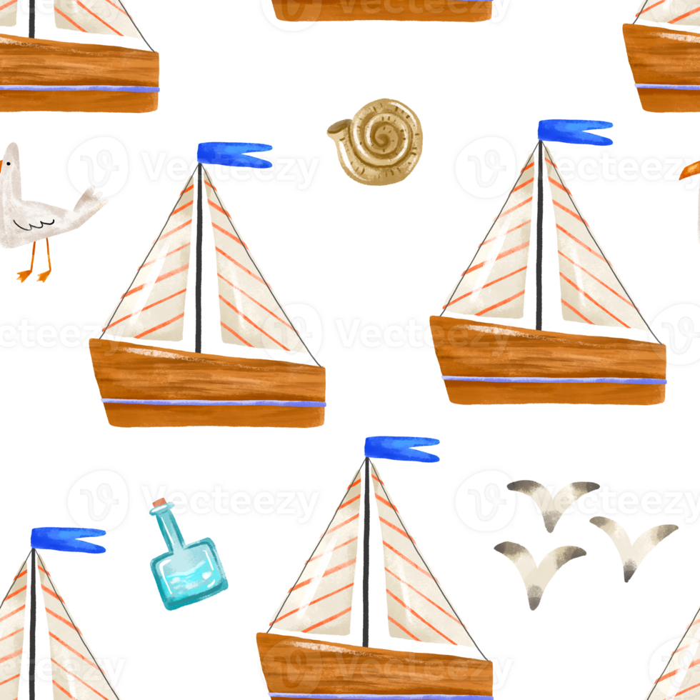 Seamless pattern with cartoon yachts. Nautical transport isolated design. Water old wooden ships. Endless kids design png