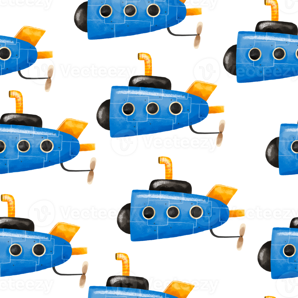Semless pattern with old blue submarine. Sea tranport for kids. Hand drawn childish background png
