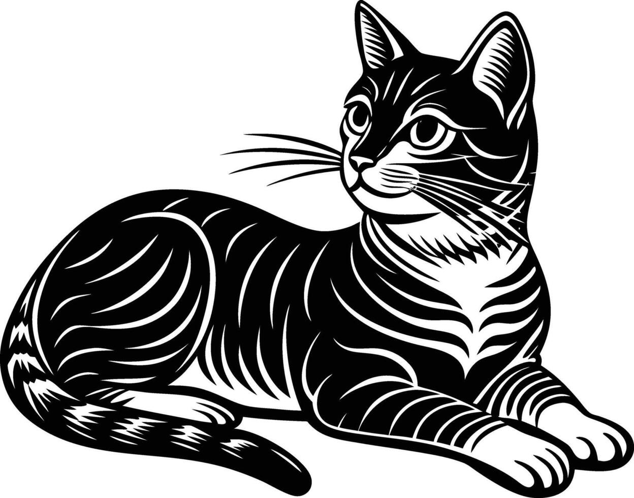 Black drawing silhouette of a cat in a relaxed laying position on a white background vector