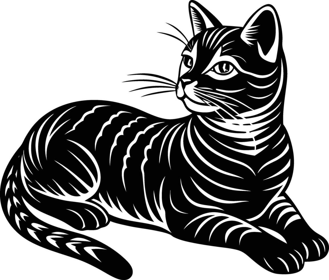 Black drawing silhouette of a cat in a relaxed laying position on a white background vector