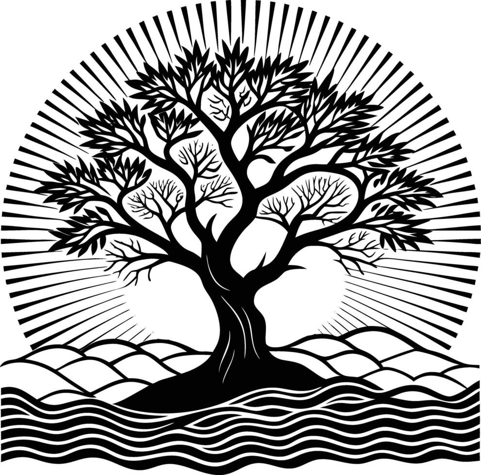 A black silhouette of a tree on a hillside overlooking a body of water and sun is setting or rising on the horizon vector