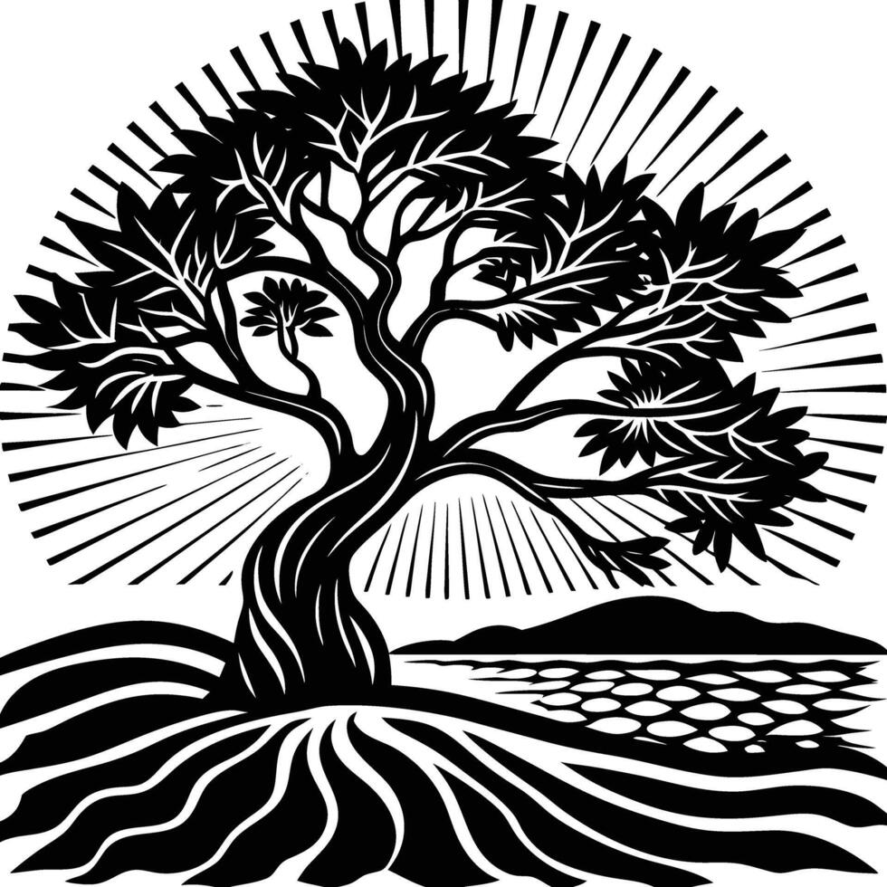 A black silhouette of a tree on a hillside overlooking a body of water and sun is setting or rising on the horizon vector