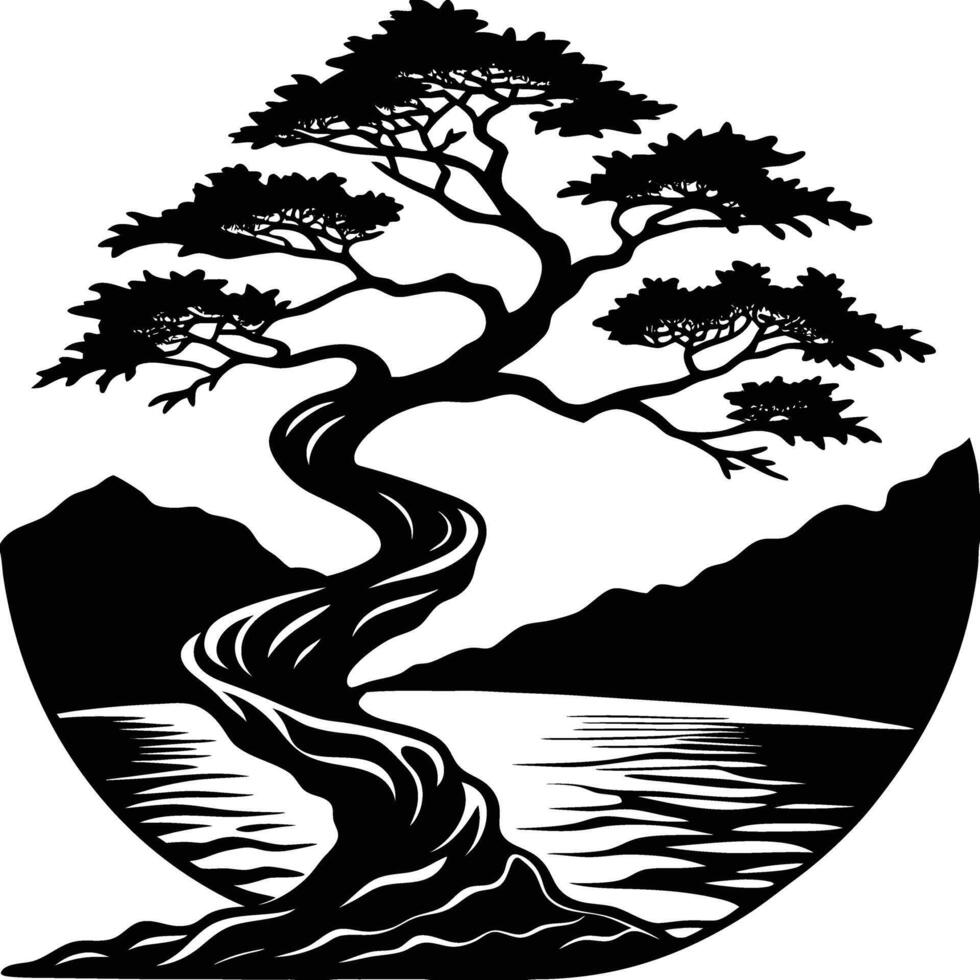 A black silhouette of a tree on a hillside overlooking a body of water and sun is setting or rising on the horizon vector